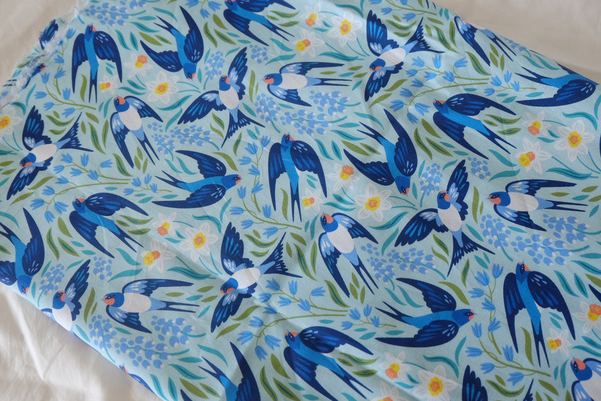 Blue Swallows & Wildflowers – Printed Cotton Fabric – 1.09 yd