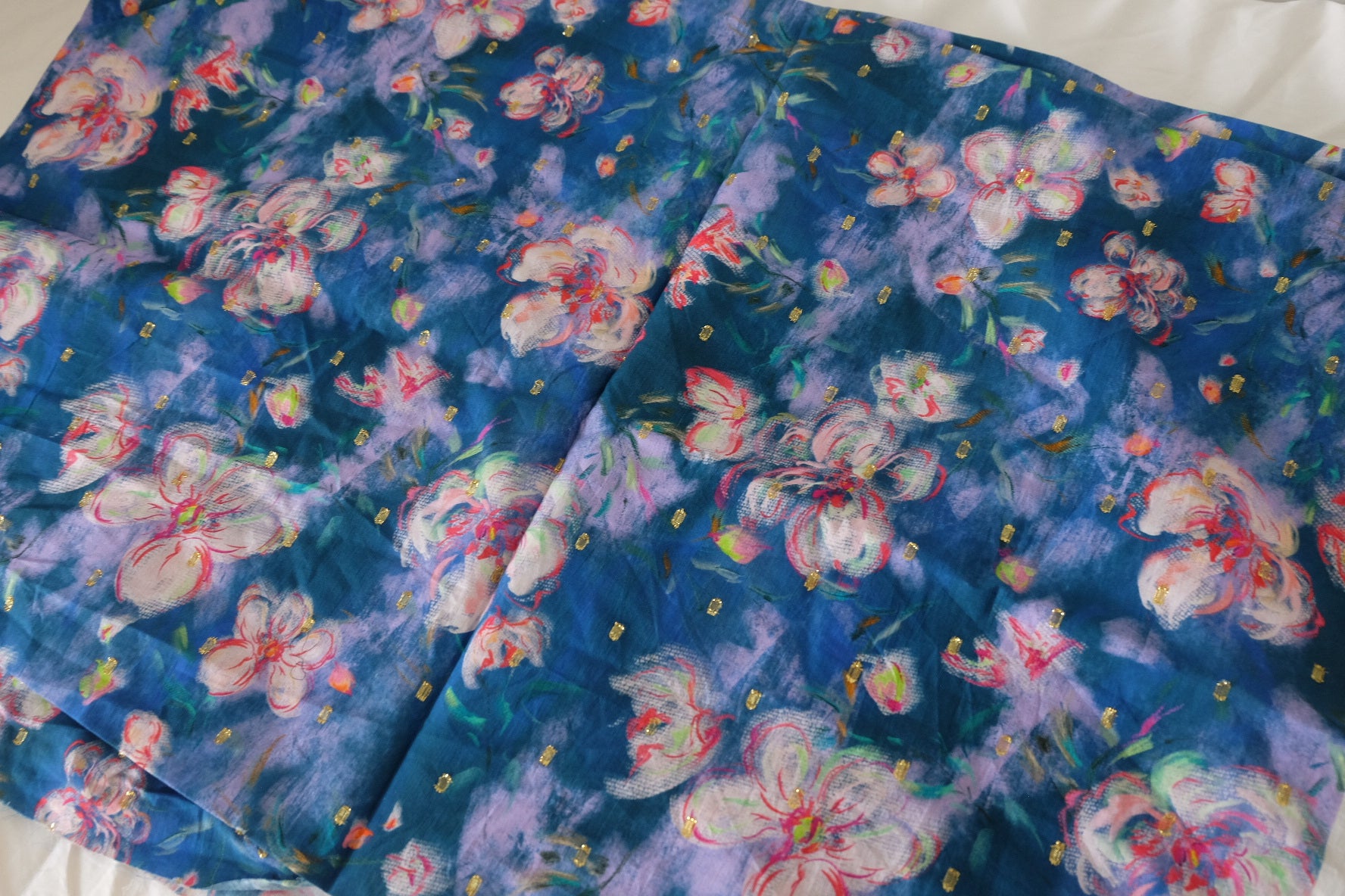 Cobalt Watercolor Floral Gold-Dot Cotton Lawn – 2 yd
