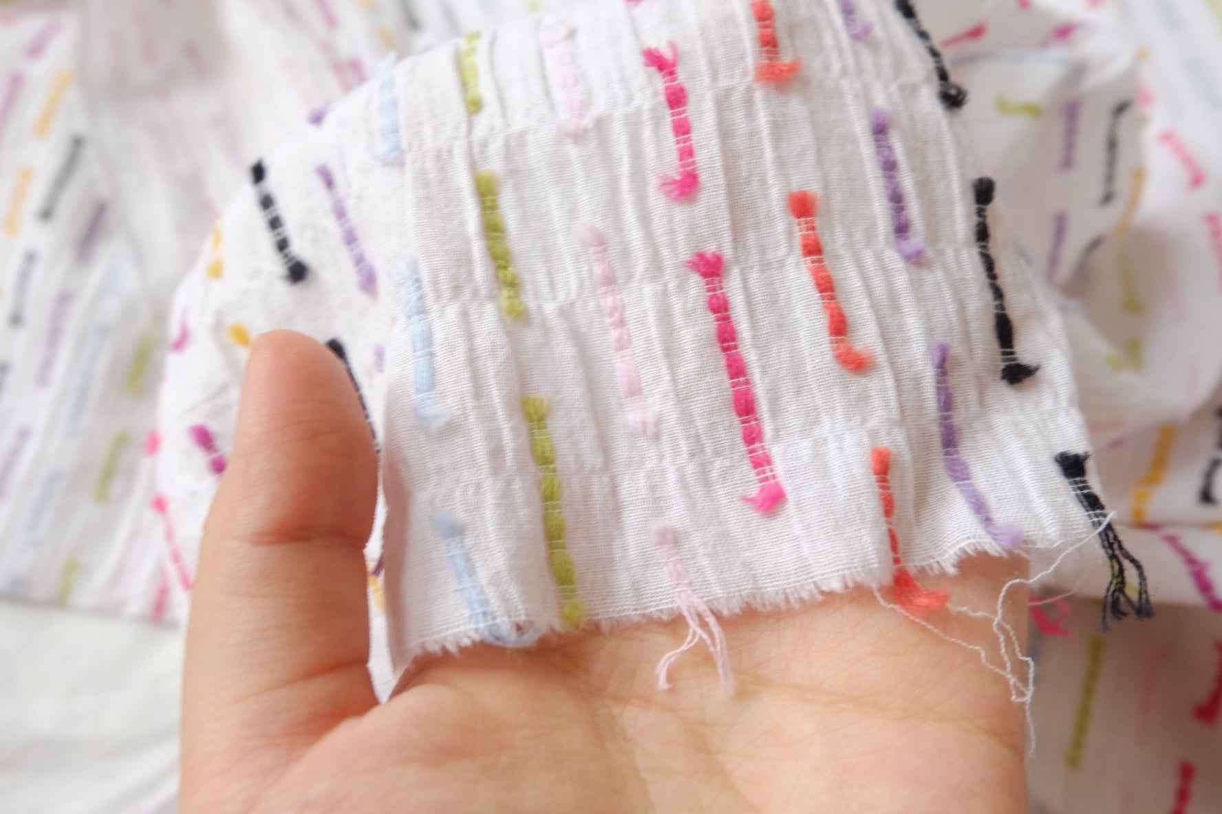 Crinkled Cotton Clip Dot Fabric with Multicolor Embroidery, Soft Opaque Summer Blouse Fabric, 2.19 Yards