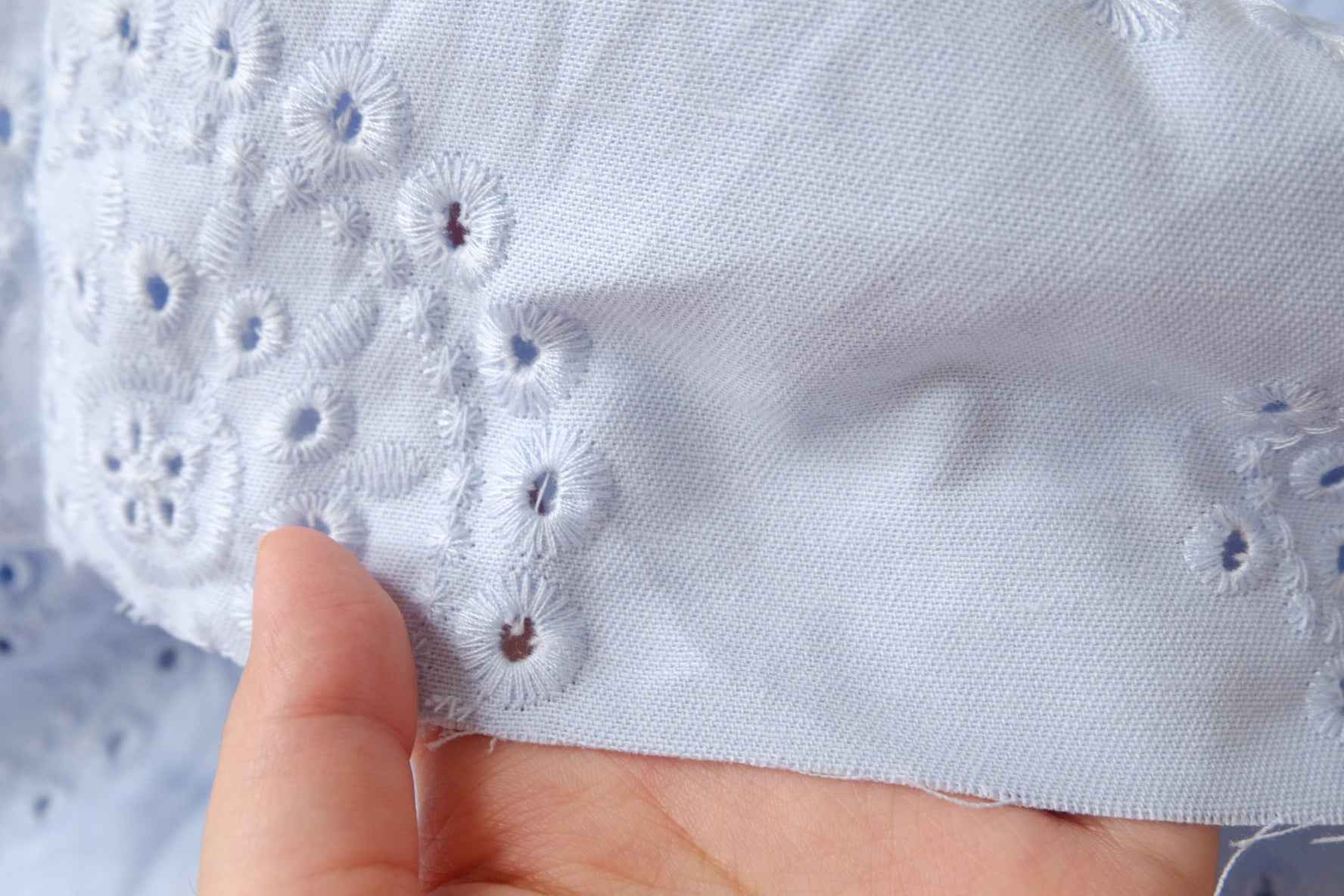 Powder Blue Embroidered Cotton Denim Fabric, Midweight for Trousers, 1.64 Yards
