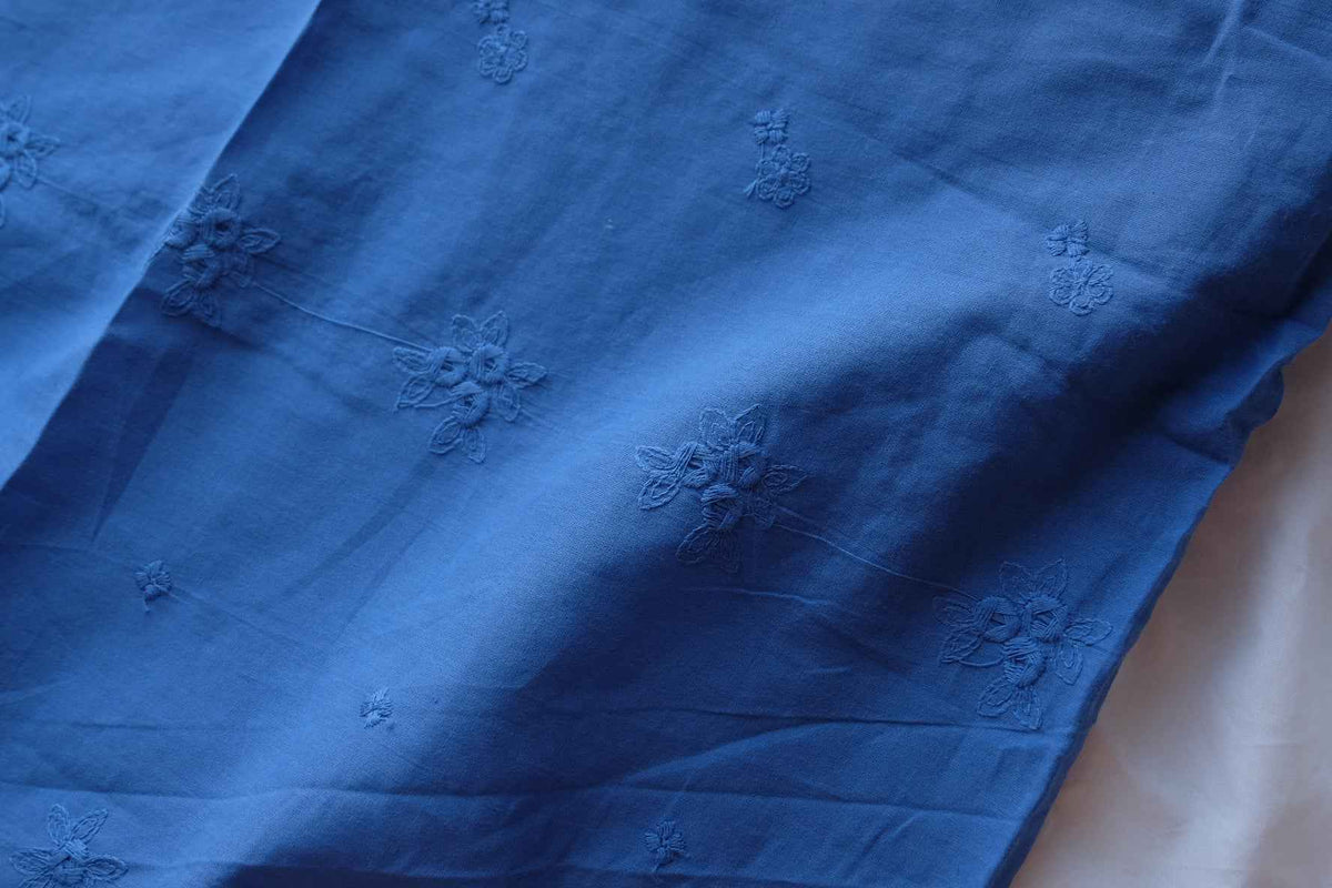 Cobalt Blue Embroidered Cotton Eyelet Fabric with Double Scalloped Borders – 2.19 yd
