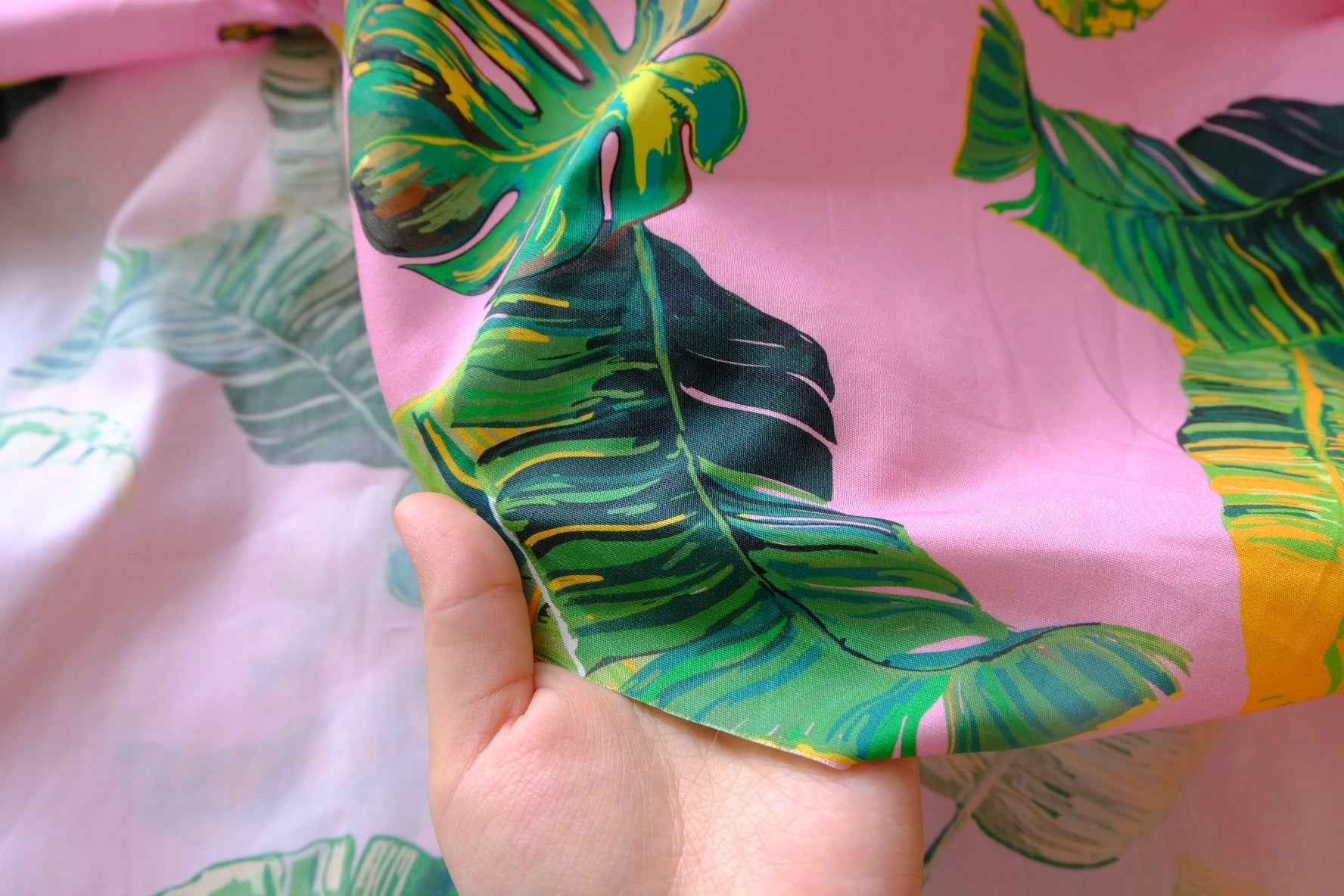 Pink Tropical Leaf Cotton Poplin Fabric - 3.28 yd