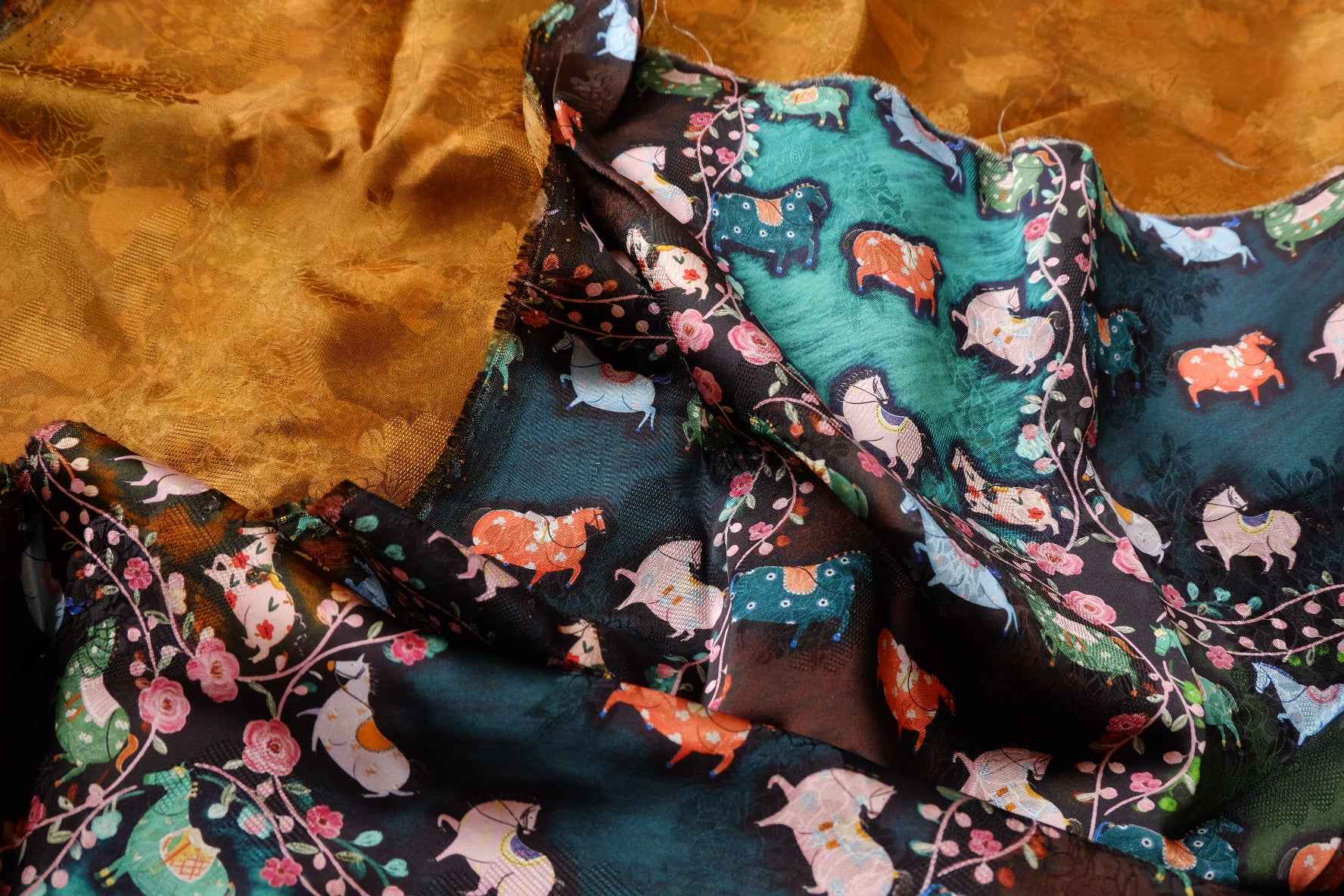 Jacquard Rayon Xiangyun-Style Horse Print Fabric - 1.64 yd