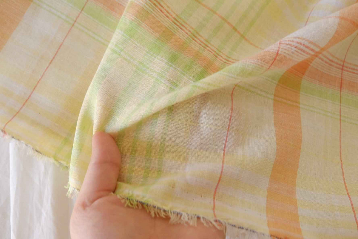 Pastel Citrus Plaid Cotton Linen Fabric – 2.2 yd