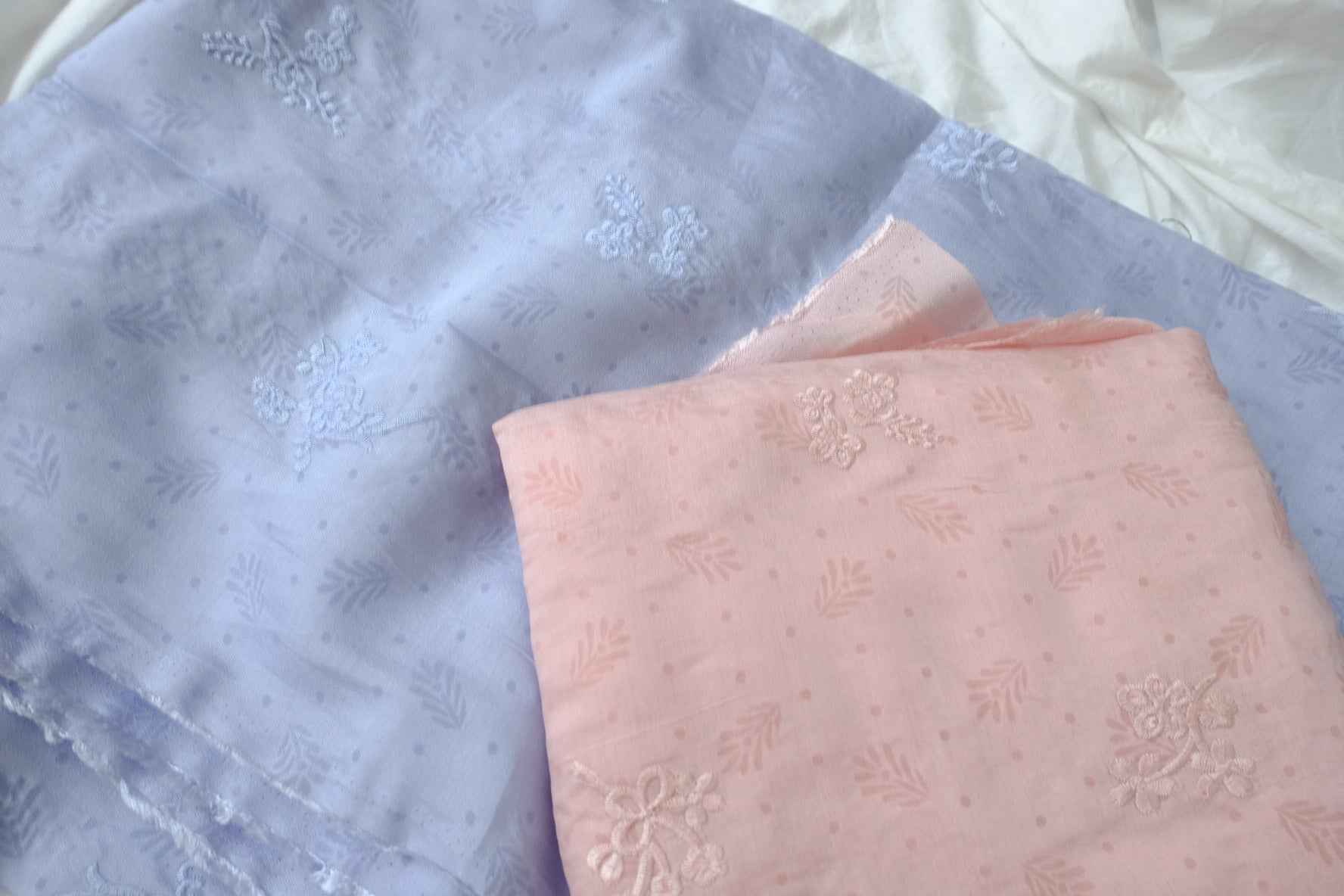 Textured Tencel Fabric with Delicate Embroidery, Soft Blue/Pink, 3.28 Yards