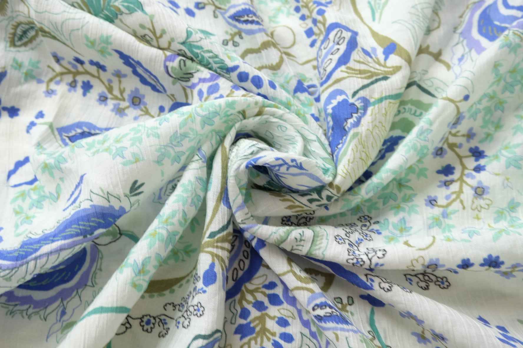 Blue Green Abstract Botanical Tencel Cotton Fabric, Soft Lightweight Dress Weight, 1.64 Yards