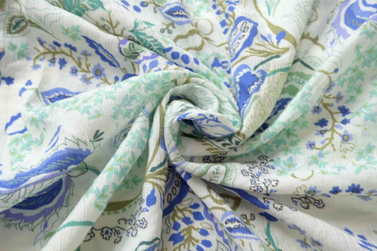 Blue Green Abstract Botanical Tencel Cotton Fabric, Soft Lightweight Dress Weight, 1.64 Yards
