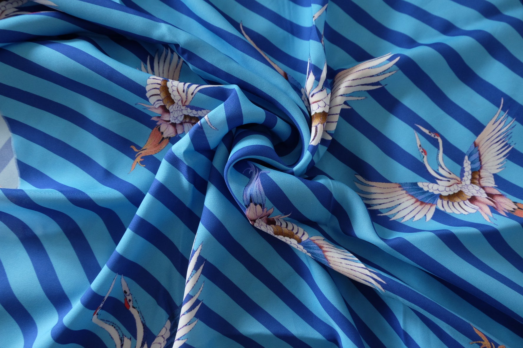 Blue Stripe & Flying Crane Silk-Tencel Double Georgette – 3.28 yd
