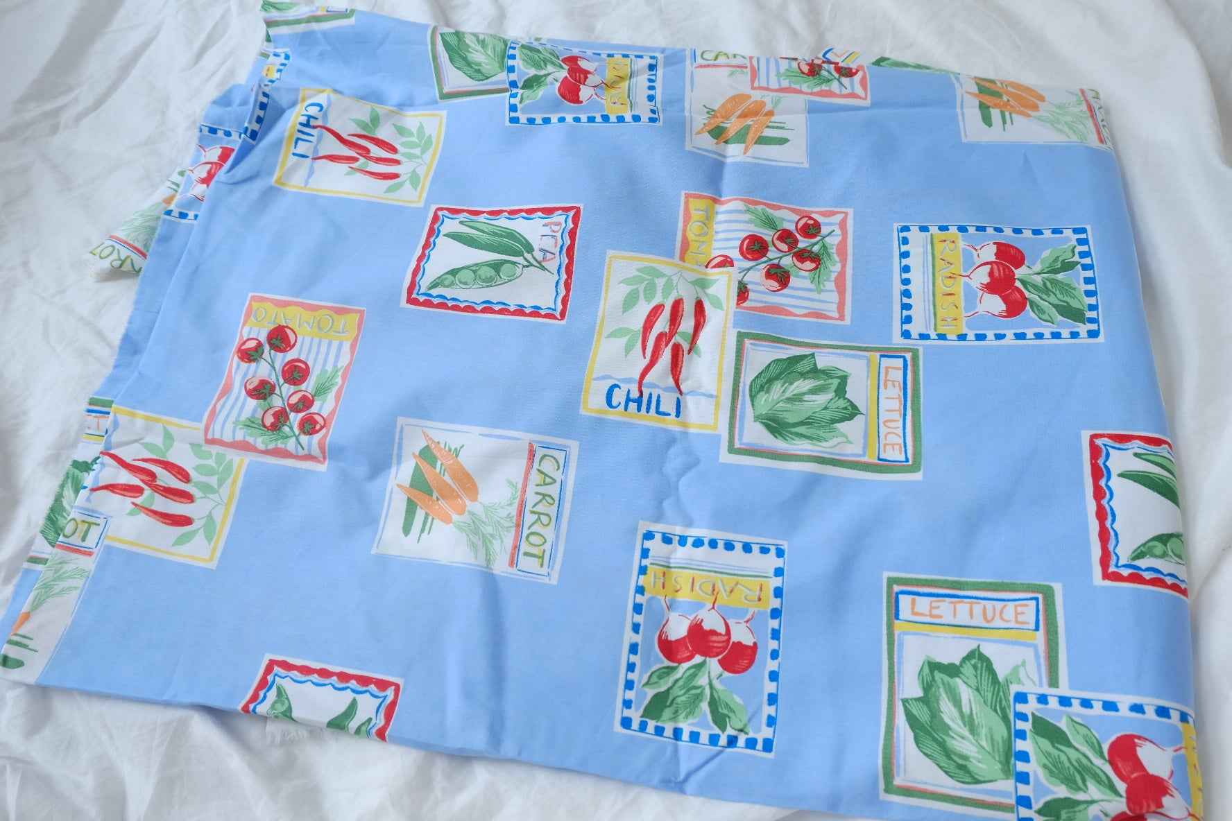 Playful Vegetable Print Cotton Fabric, Sky Blue Novelty Print, 1.64 Yards