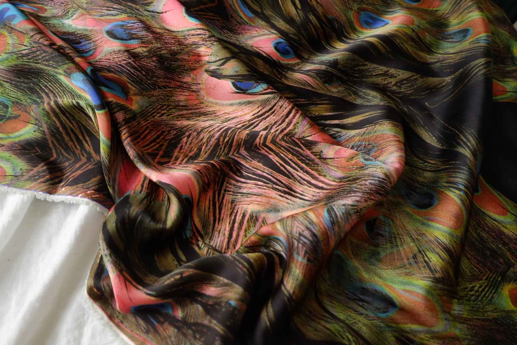 Peacock Feather Border Print Satin Fabric - 0.9 Yards
