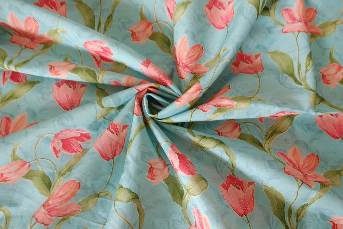 Watercolor Pink Tulips on Sky Blue – Cotton Lawn – 1.9 yd