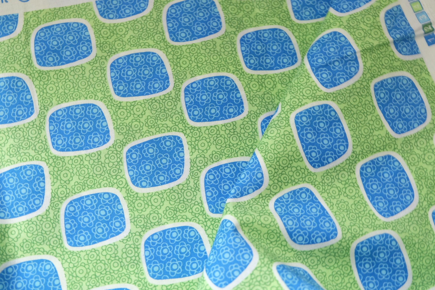 Retro Geometric Cotton, Blue & Green, 3.3 Yards