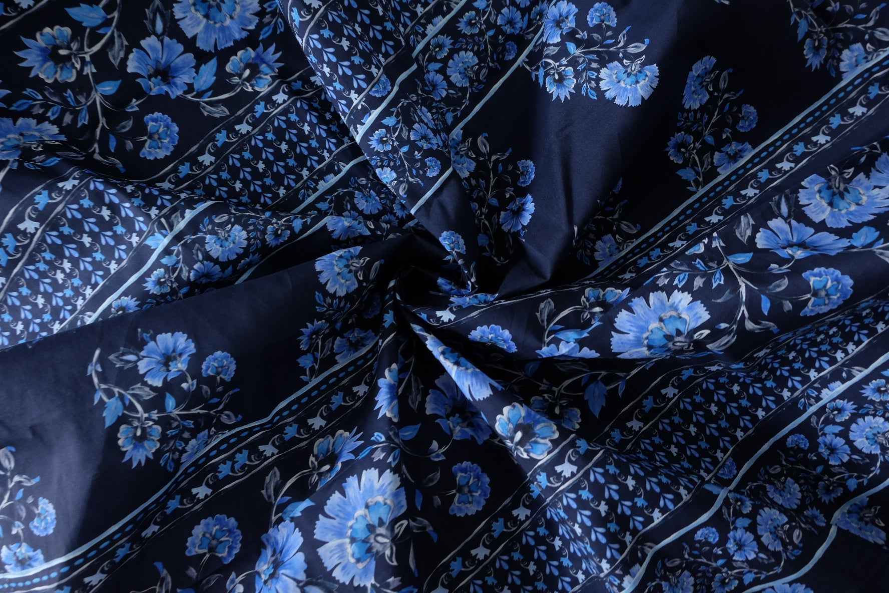 Navy Blue Floral Border Cotton Fabric – 3.3 yd