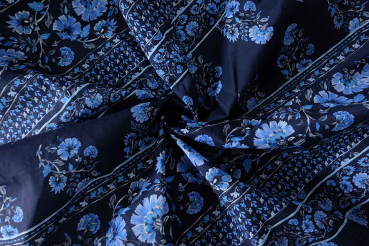 Navy Blue Floral Border Cotton Fabric – 3.3 yd