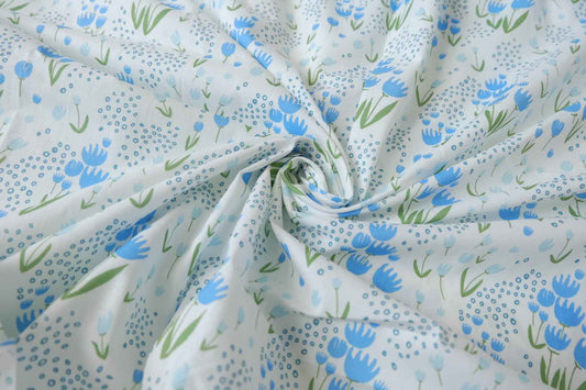 Blue Folk Floral Cotton Poplin Fabric — 2.19 yd