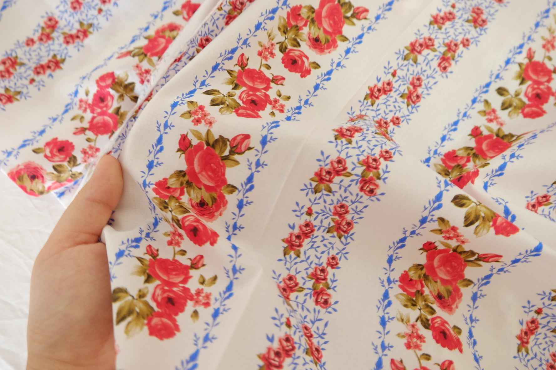 Vintage Rose Stripe Cotton Lawn Fabric – White Floral Garden Print (3.8 yd Cut)