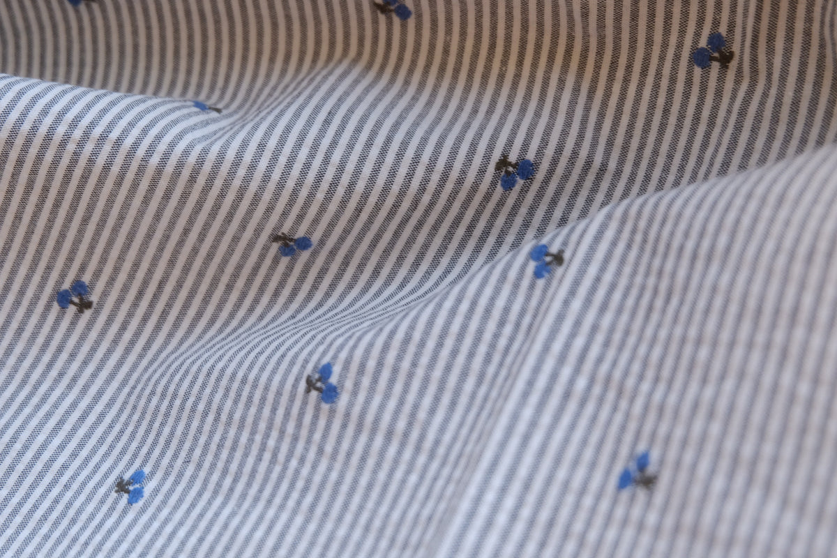 Blue Cherry Embroidered Yarn-Dyed Striped Cotton Jacquard Fabric – 2.2 yd