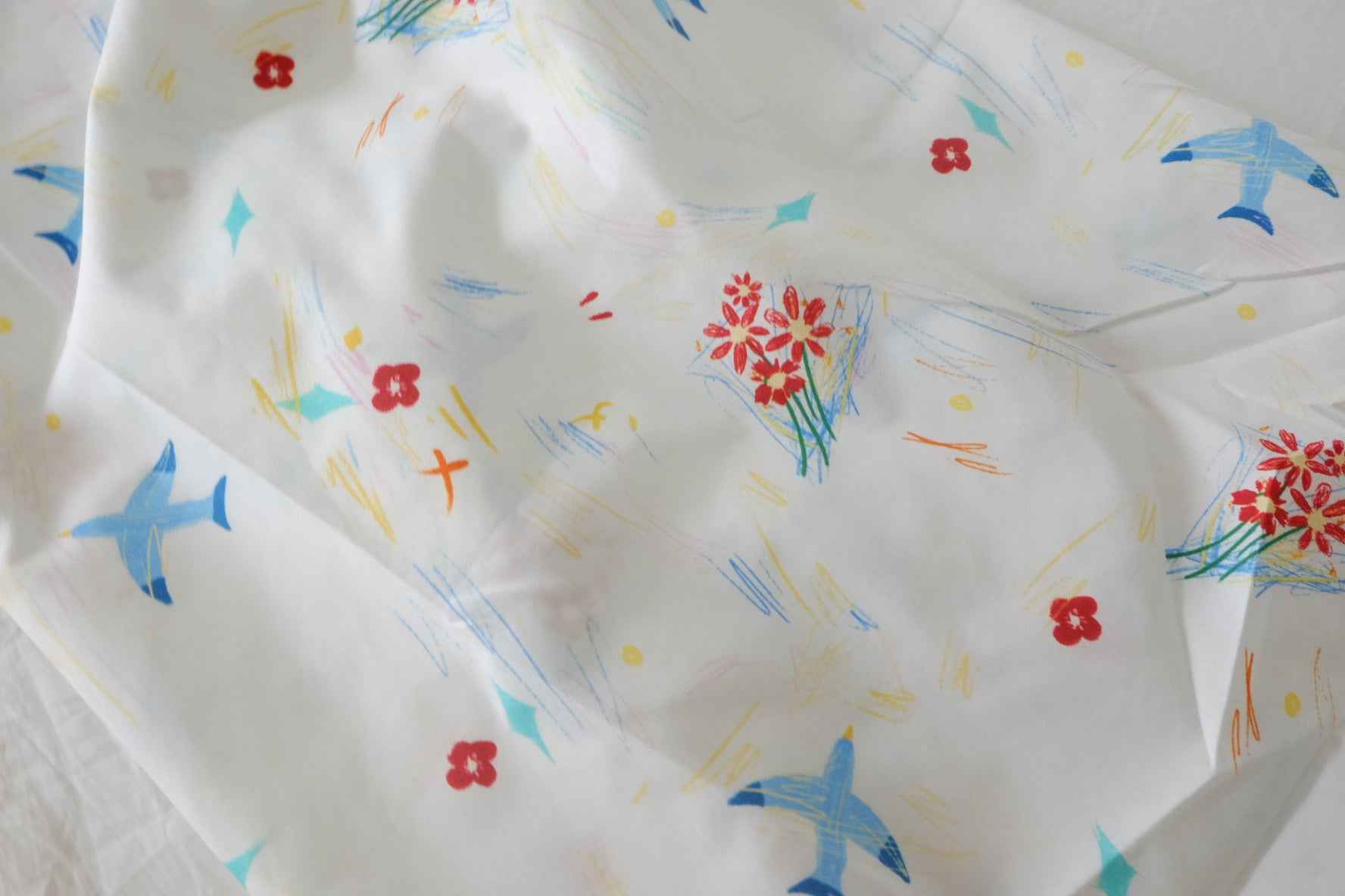 Whimsical Bird & Flower Cotton Fabric – 3.3 yd
