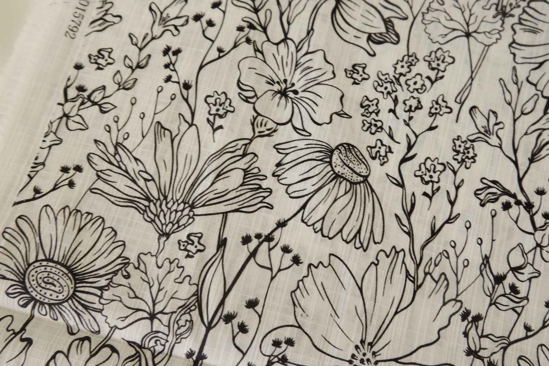 Black Line Floral Slub Cotton Fabric – 1.6 yd