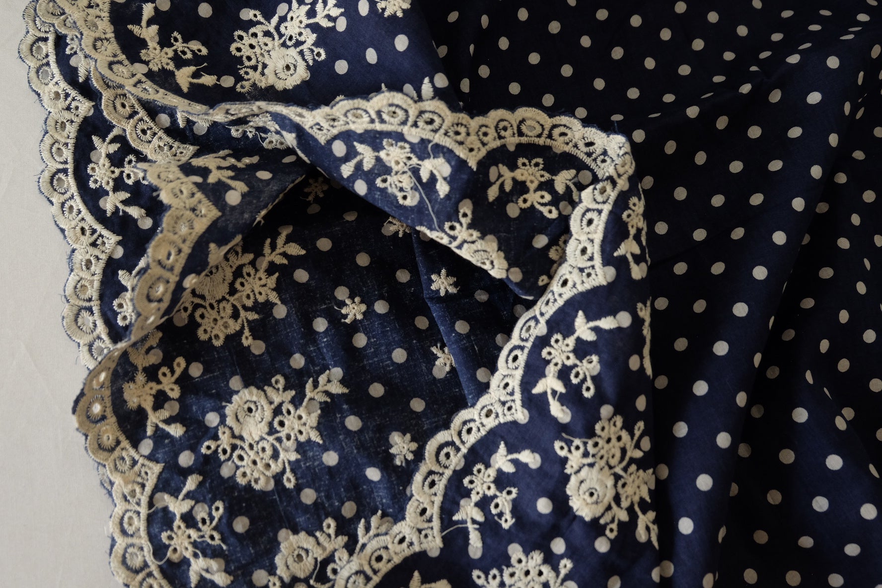 Navy Polka Dot Double Border Embroidered Cotton Poplin-2.2 yds