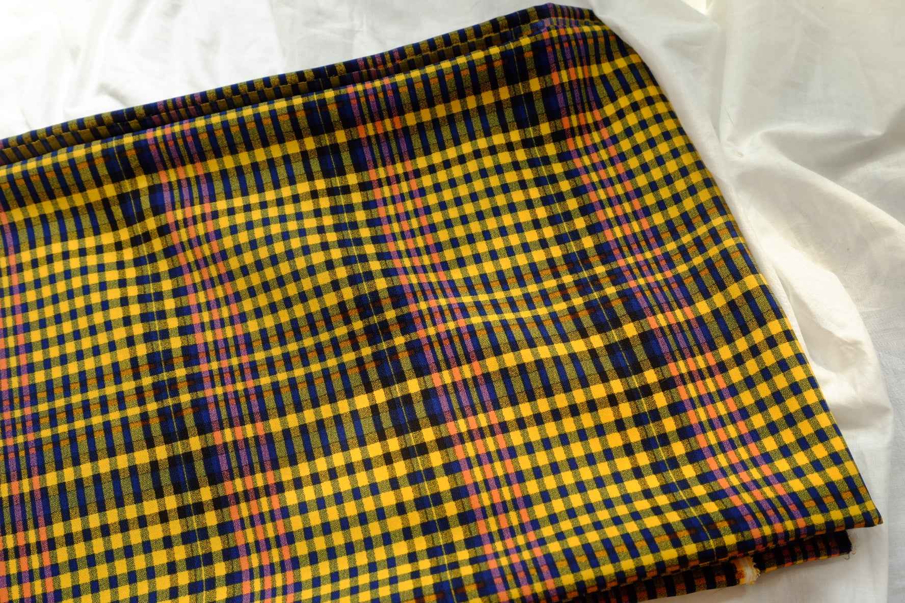 Bold Yellow Plaid Chiffon Fabric, Opaque Lightweight Dress Weight, 2.19 Yards