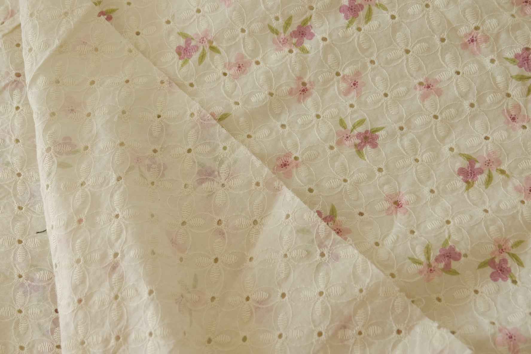 Pink Floral Embroidered Cotton Fabric – 1.3 yd