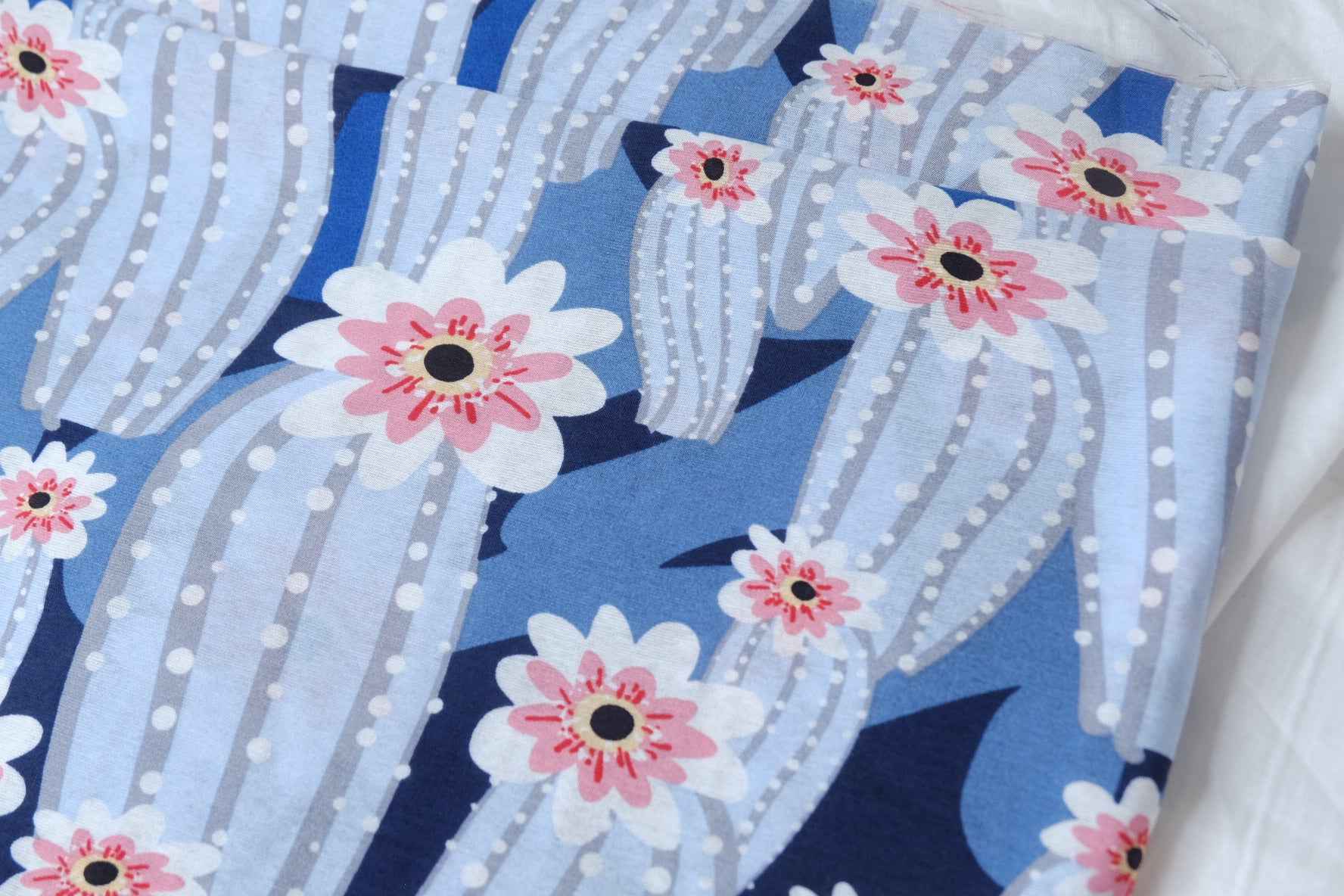 Blue Cactus Floral Cotton Rayon Fabric, Lightweight Summer Dress Weight, 2.19 Yards