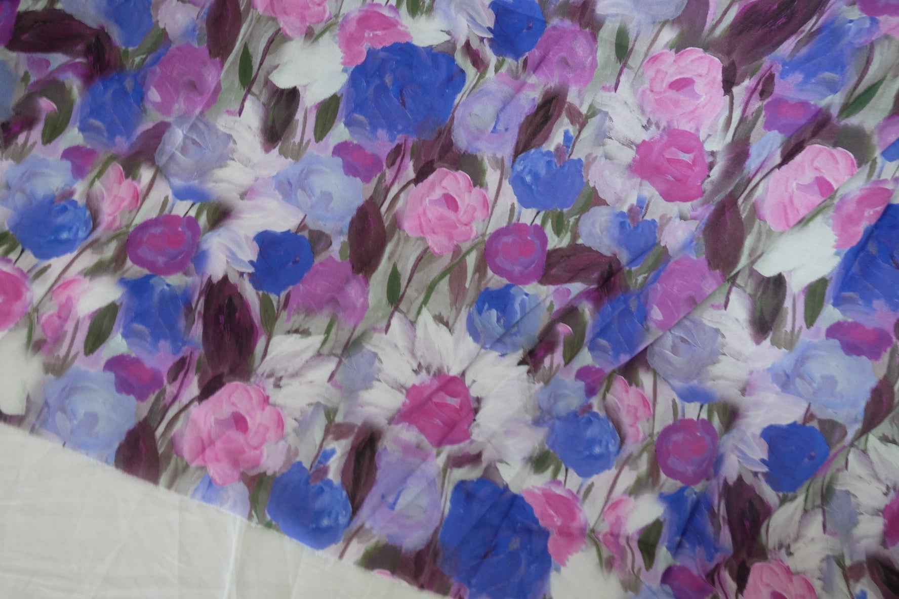 Blue Pink Painterly Floral Cotton Poplin Fabric - 3.3 yd