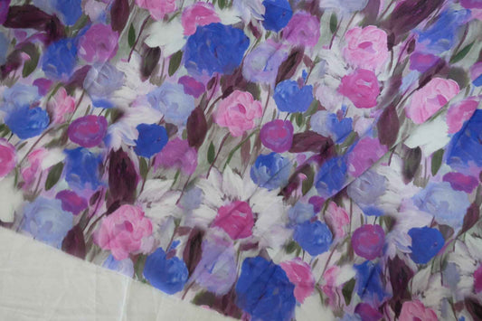 Blue Pink Painterly Floral Cotton Poplin Fabric - 3.3 yd