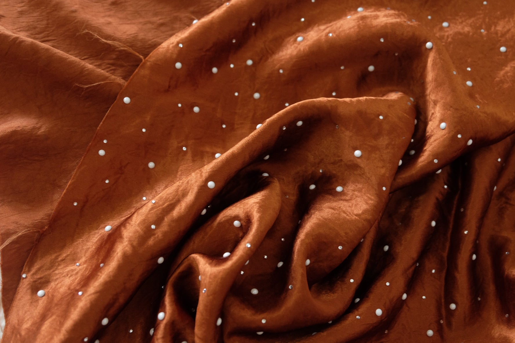 Burnt Copper Pearl-Embellished Acetate Blend Satin – 2 yd