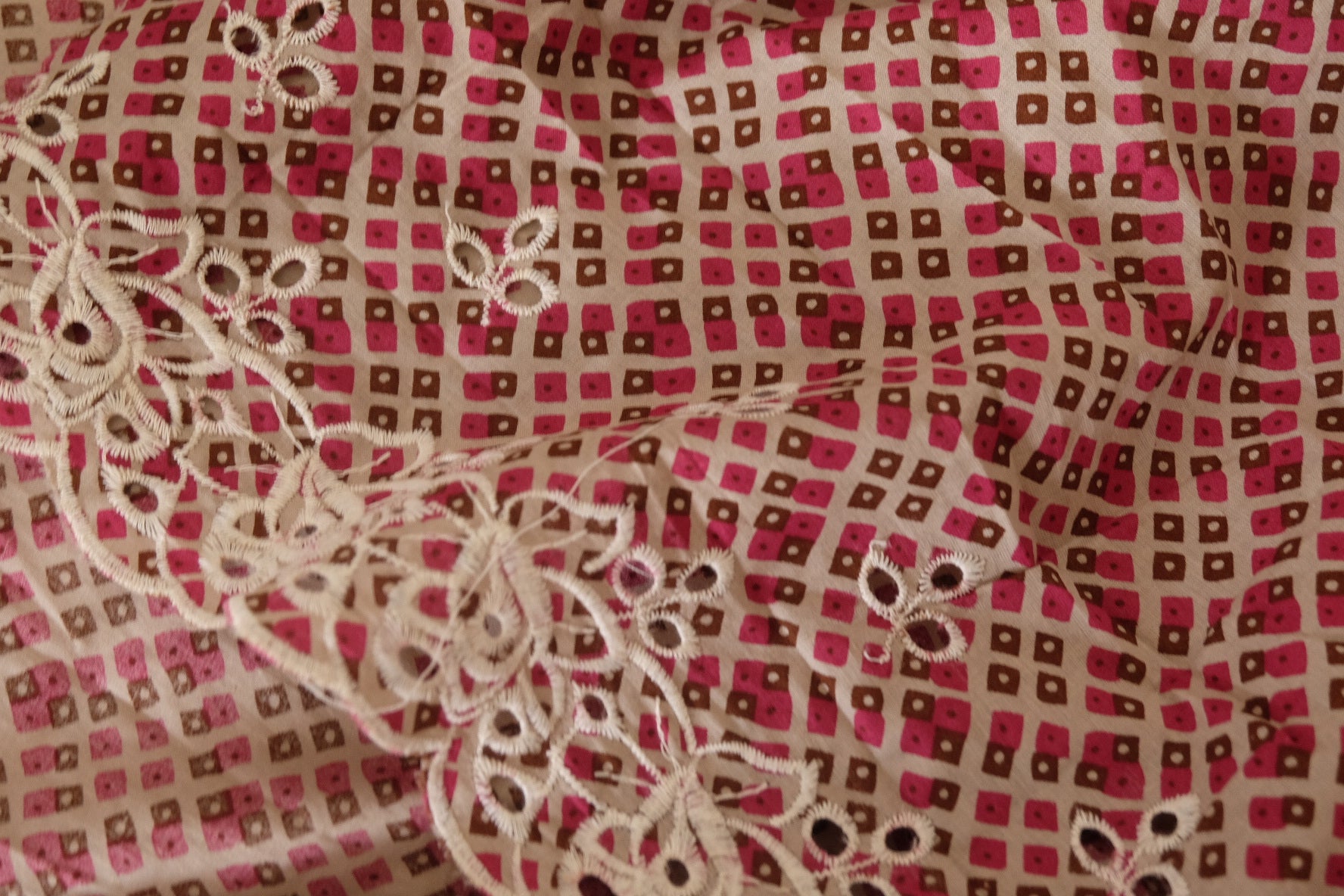Pink Geometric Cotton Embroidered Border Fabric – 2.2 yd