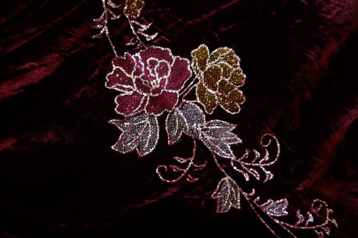 Deep Plum Burgundy Floral Embroidered Silk Velvet – 2.08 yd