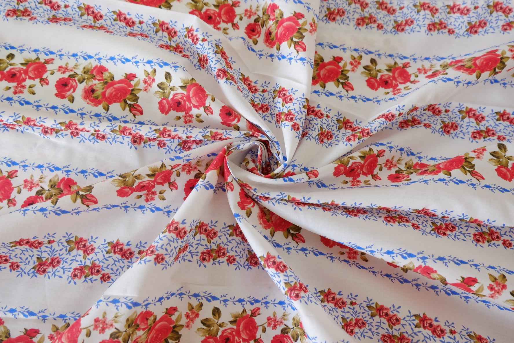 Vintage Rose Stripe Cotton Lawn Fabric – White Floral Garden Print (3.8 yd Cut)
