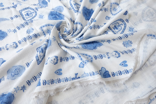 Washed Blue Porcelain Novelty Linen Blend Fabric - 1.64 yd