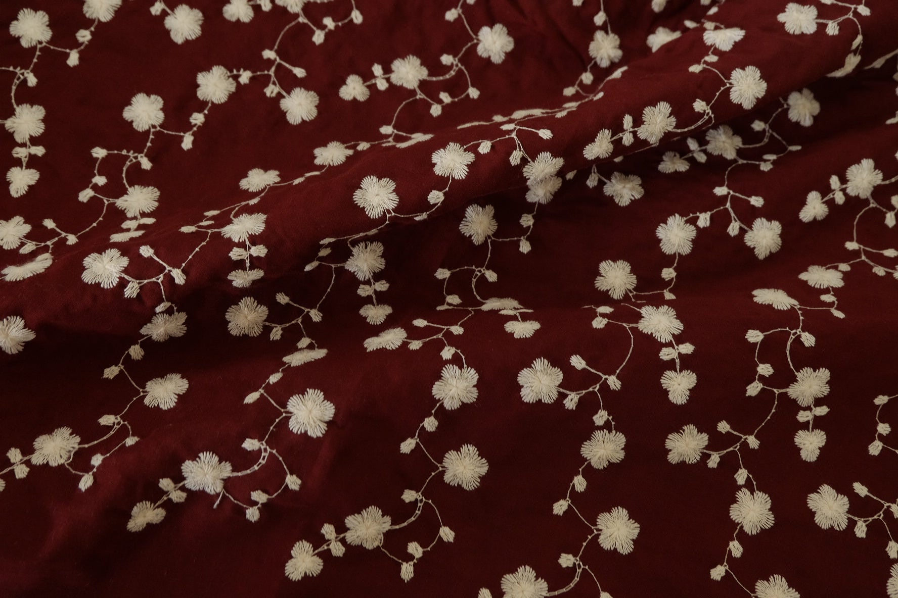 Burgundy Floral Embroidered Cotton Fabric – 2.2 yd