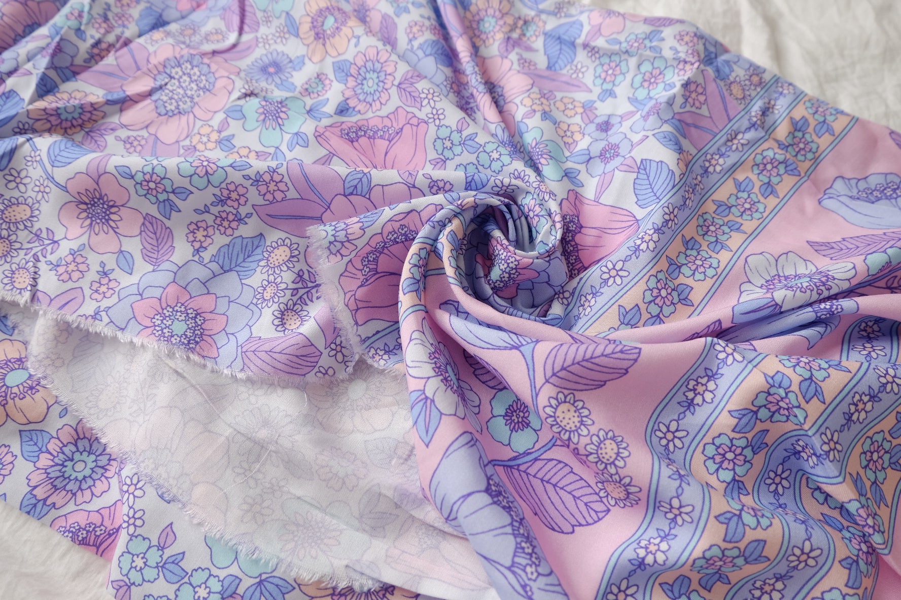 Double Border Floral Rayon Fabric in Soft Pastels, 3.3 Yards