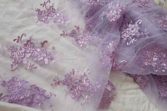 Lilac Corded Embroidered Mesh Lace - 2.19 yd