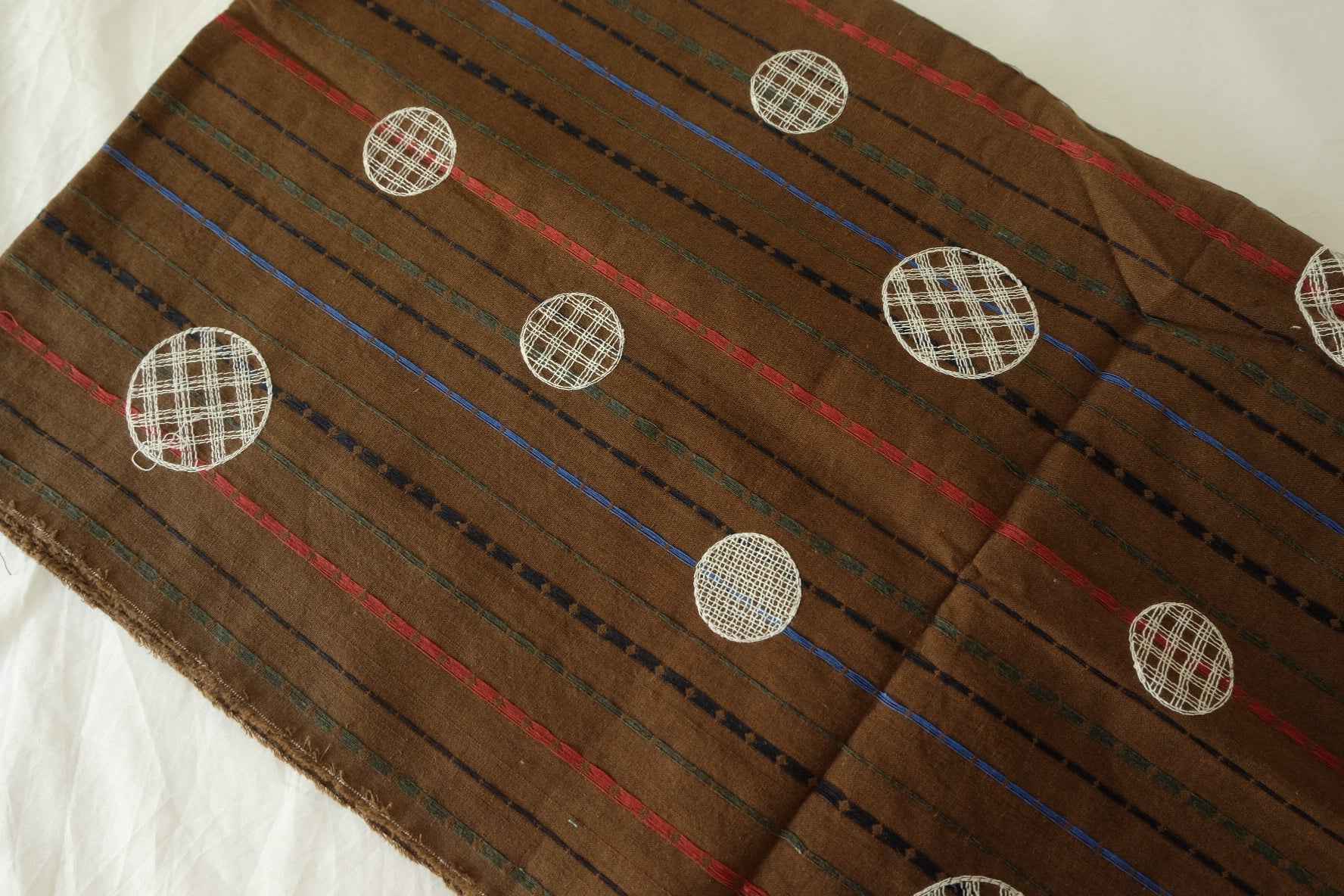 Brown Striped Linen Cotton Fabric with Circle Embroidery – 1.4 yd