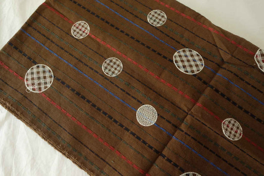 Brown Striped Linen Cotton Fabric with Circle Embroidery – 1.4 yd