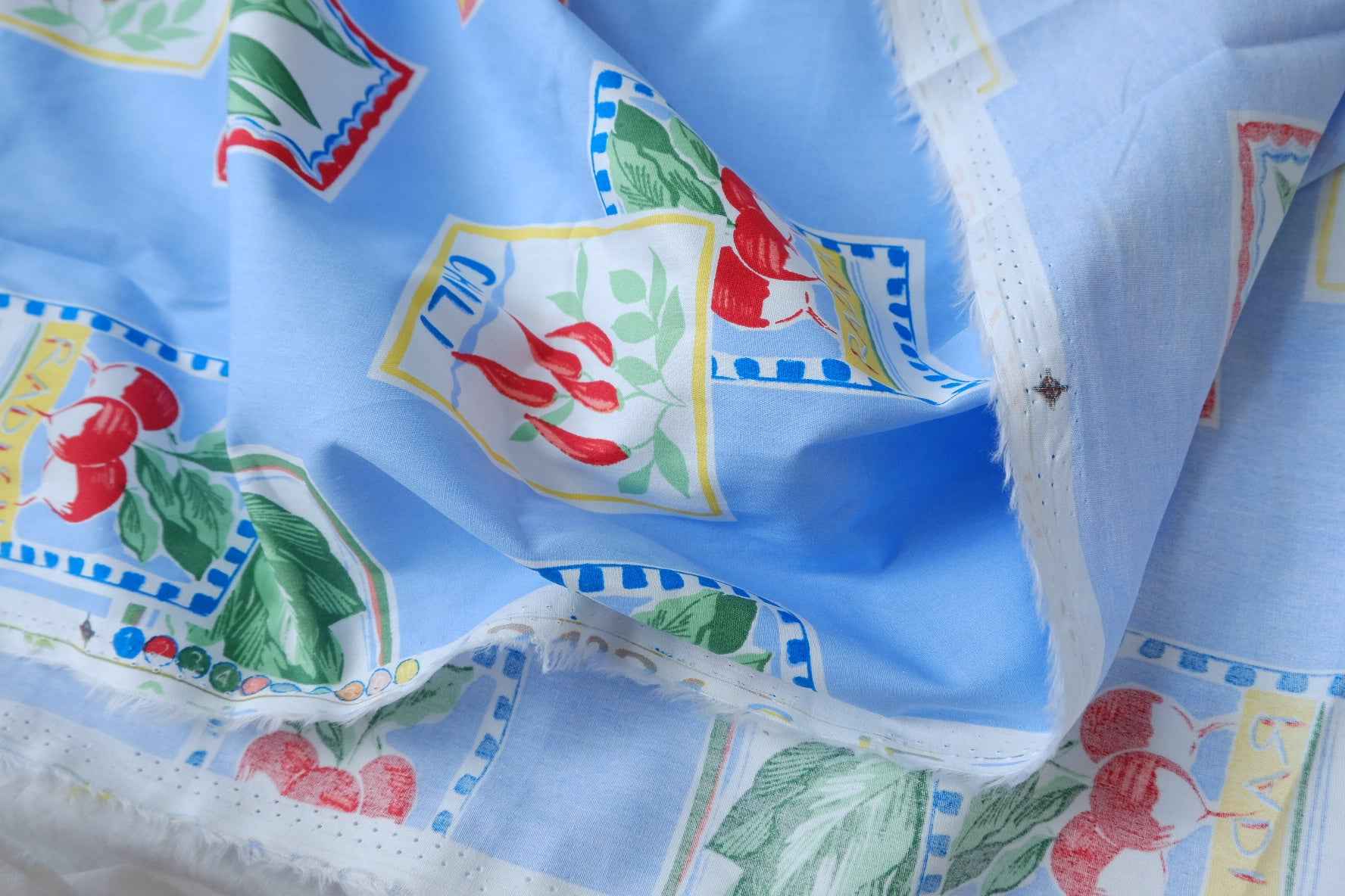 Playful Vegetable Print Cotton Fabric, Sky Blue Novelty Print, 1.64 Yards
