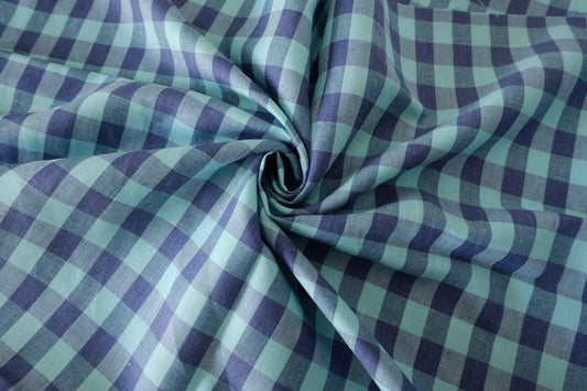 Woven Linen Cotton Plaid Fabric – Teal & Navy Check – 2.2 yd
