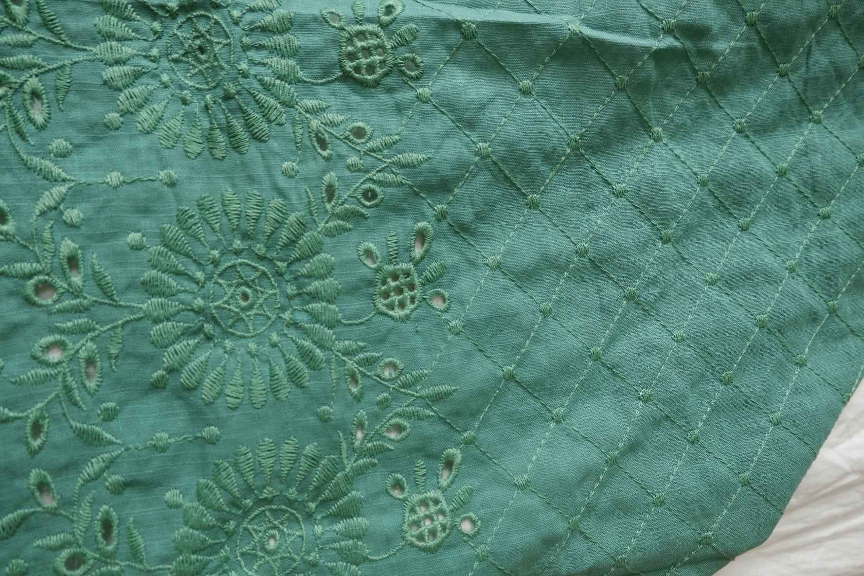 Green Double-Border Embroidered Cotton-Linen Fabric - 1.64 yd