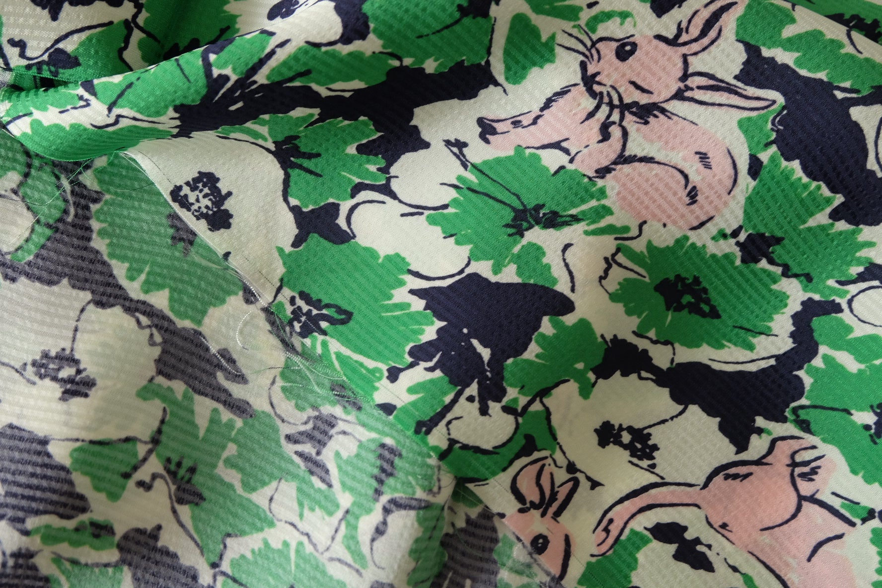 Green Rabbit & Floral Textured Cupro Fabric – 1.64 yd