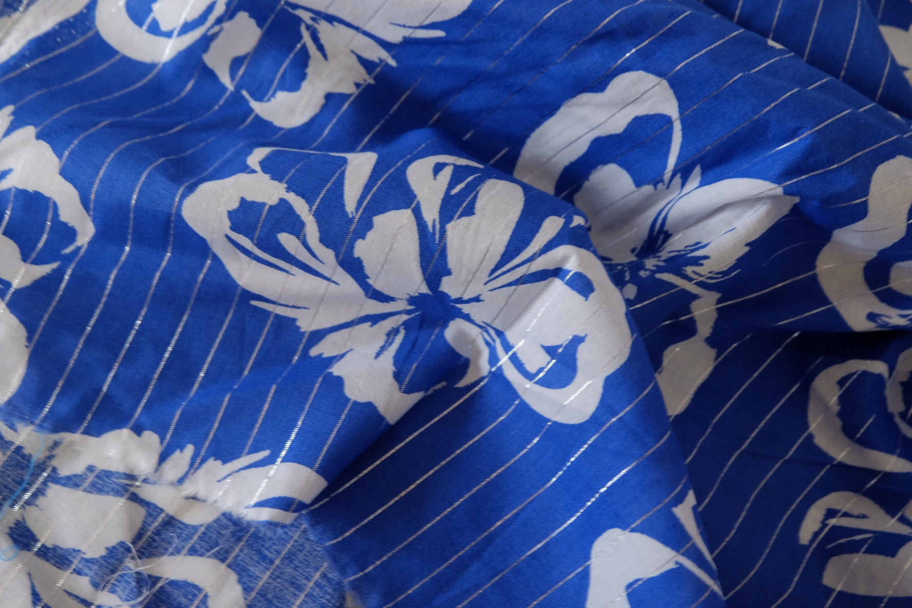 Blue Floral Metallic Stripe Cotton Fabric – 3.3 yd