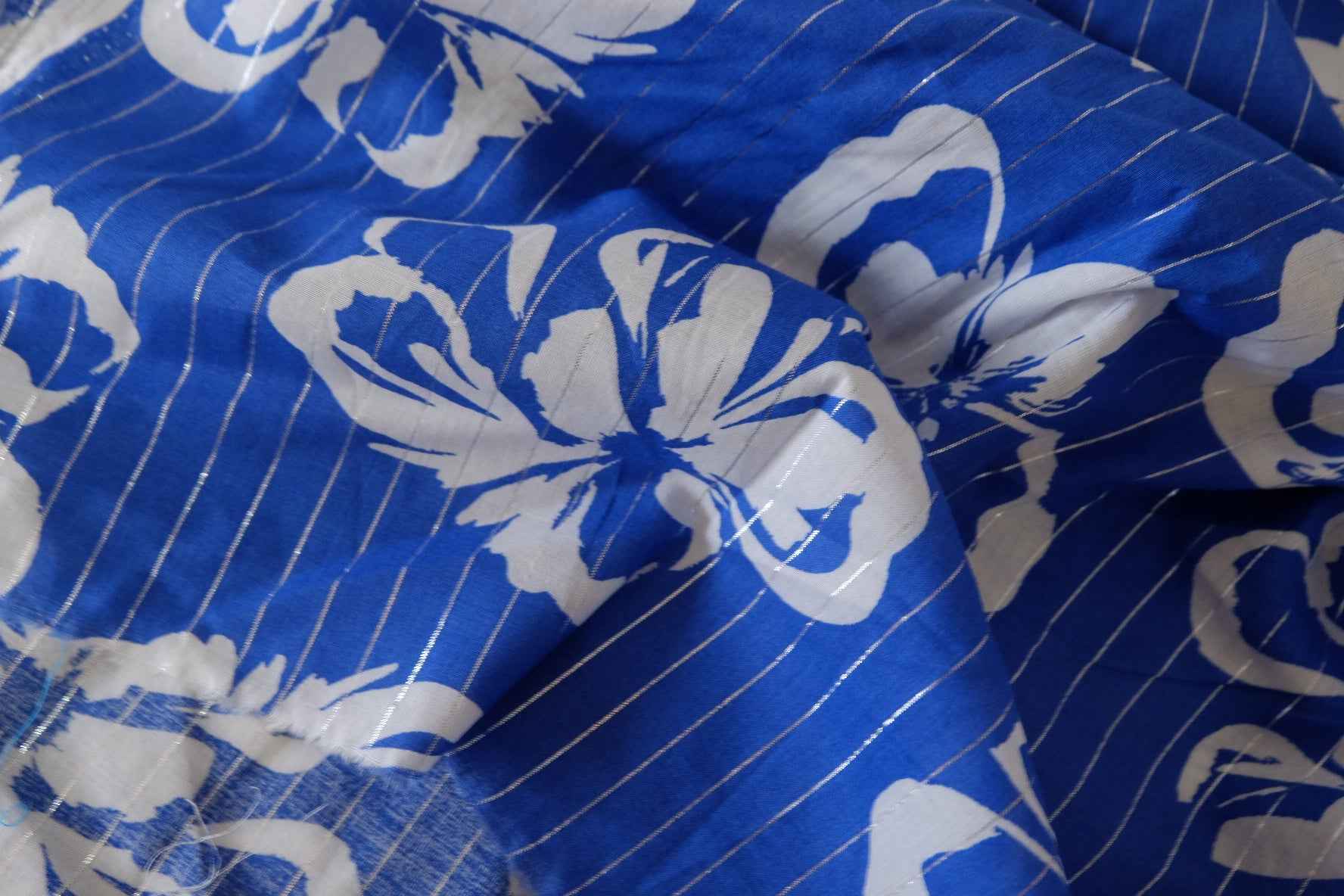 Blue Floral Metallic Stripe Cotton Fabric – 3.3 yd