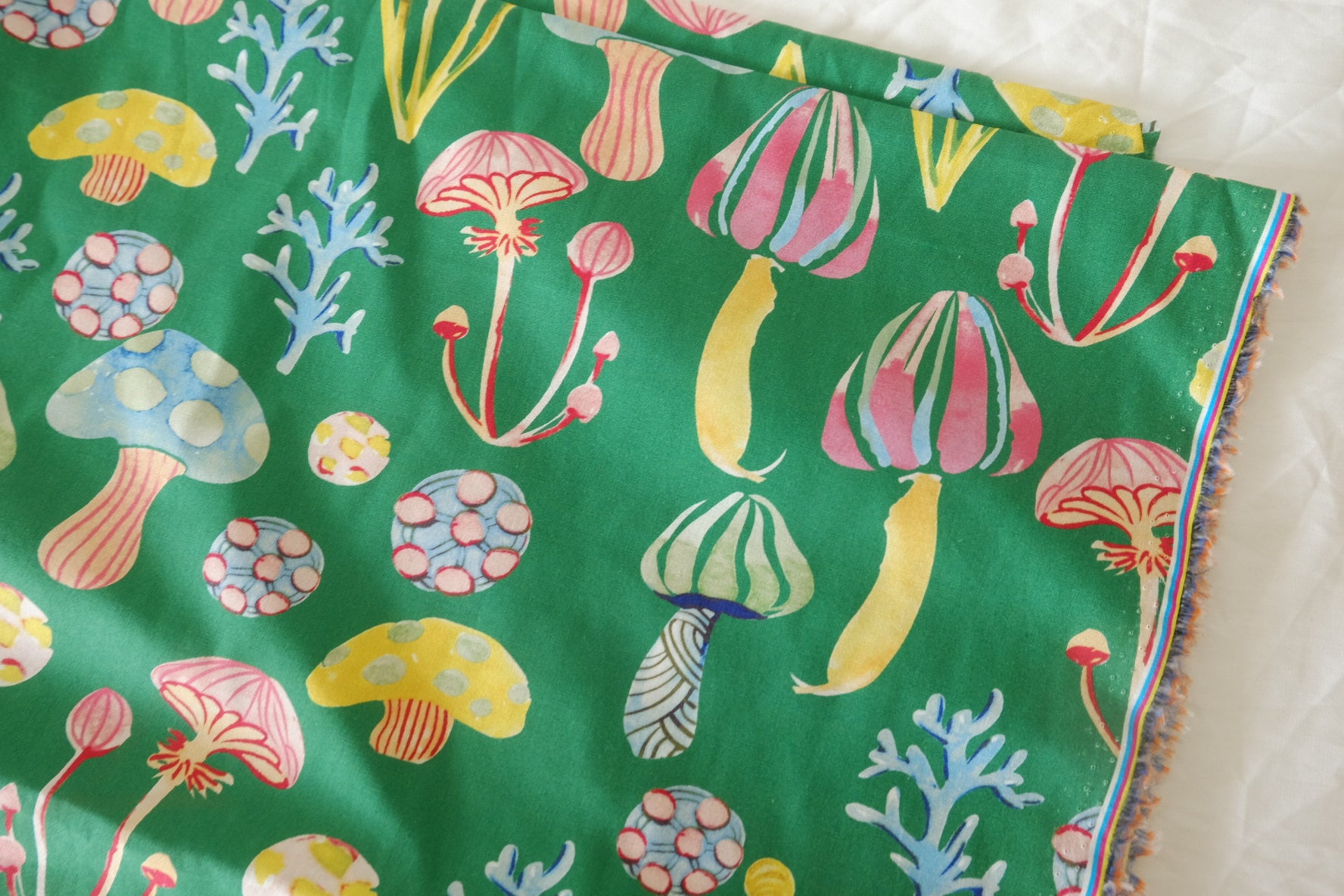 Woodland Mushroom Green Cotton Lawn Fabric, 1.64 Yards