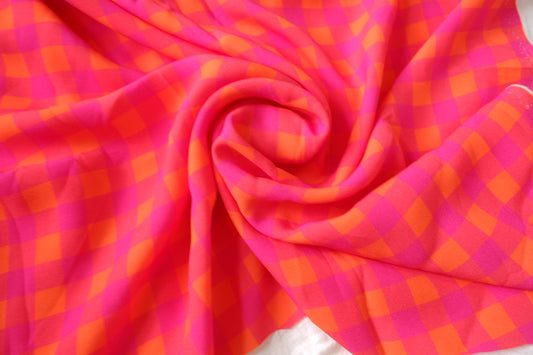 Bold Pink & Orange Checked Cupro Fabric, 3.28 Yards