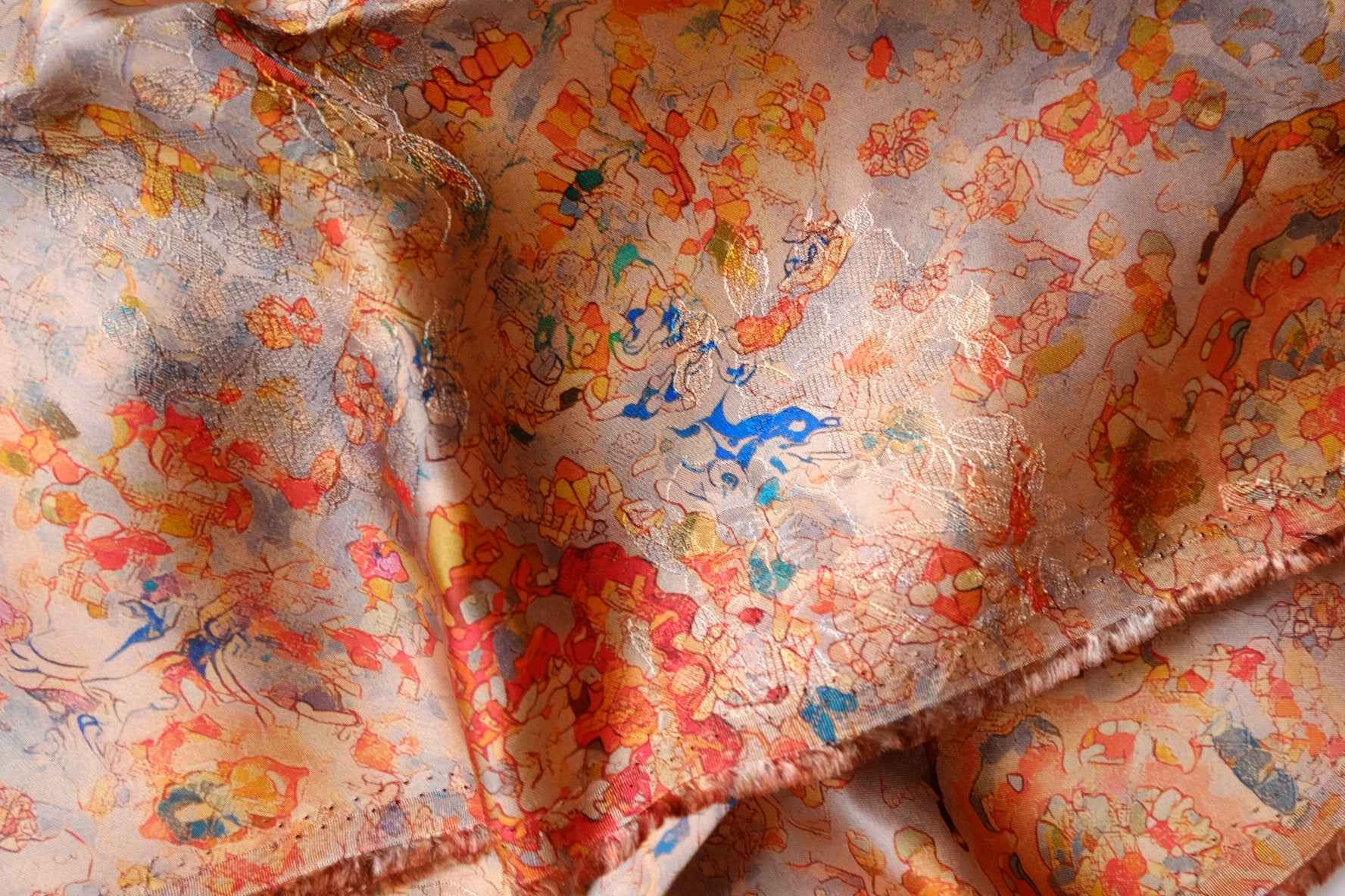 Abstract Dunhuang Silk Jacquard Fabric, Glossy Fluid Art Textile, 2.19 Yards