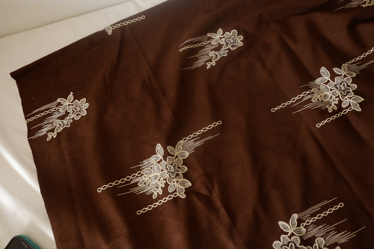 Chocolate Floral Embroidered Faux Suede – 1.1 yd