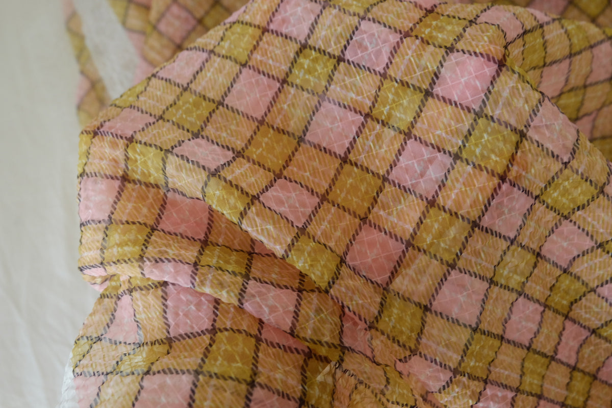 Retro Pink & Mustard Checked Crinkle Chiffon – 2.19 yd